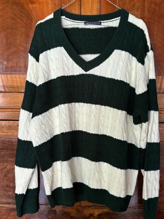 Pull en coton femme rayé vert et blanc, taille ample