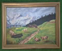 Tableau peinture paysage montagne vaches chalets signé
