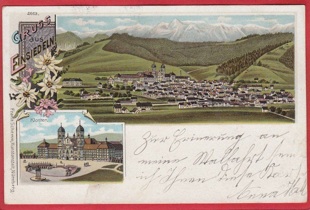 Cartoline postali: EINSIEDELN LITHO 1900 – Usato da Grüningen venduto da Kartenlaube