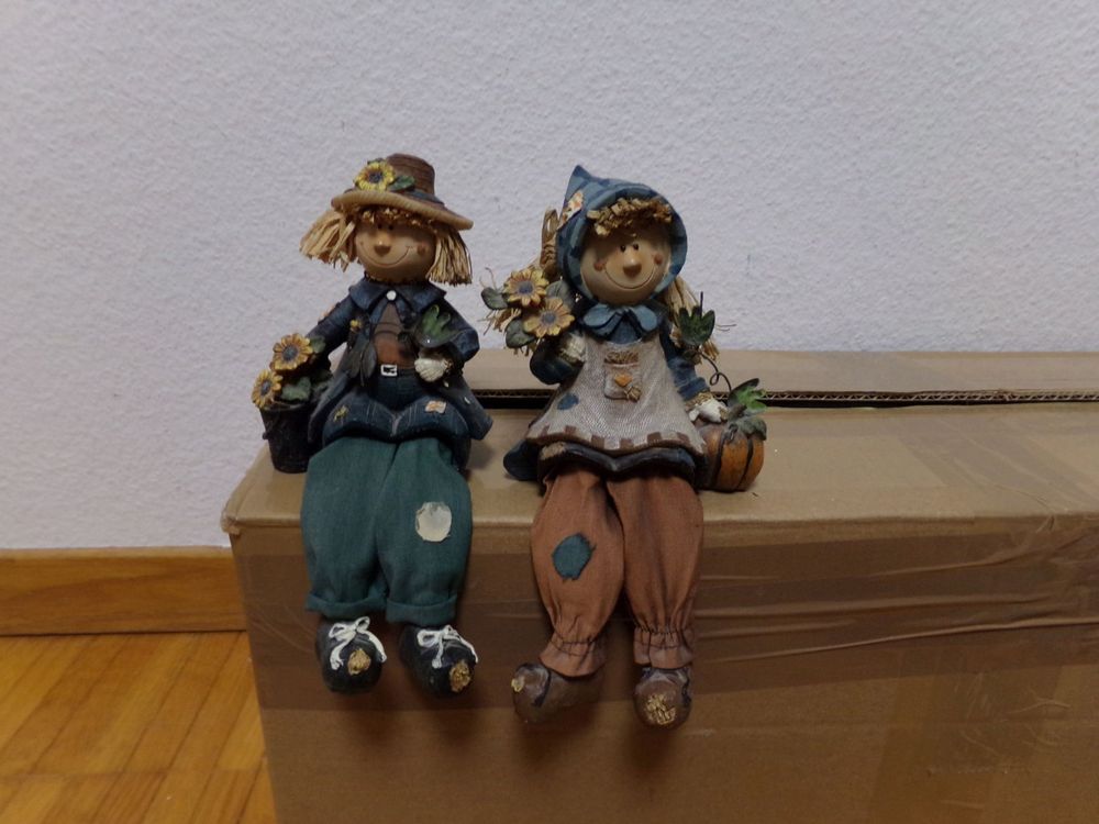 Vogelscheuchen Figuren Set - 2 Handgefertigte Holzstab-Figuren Für Erntedank