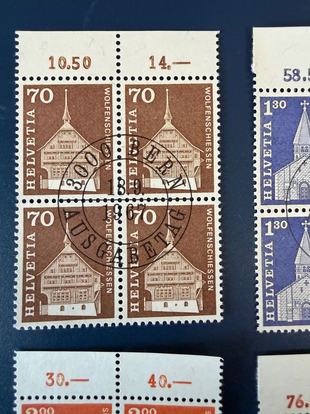 Tutti i francobolli: Baudenkmäler, 1966/67, Viererblocks, Erstagsstempel – Usato da Oberhasli venduto da Sicurezza 1