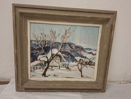 Gemälde Winterlandschaft mit Haus und Berg signiert H. Hoff
