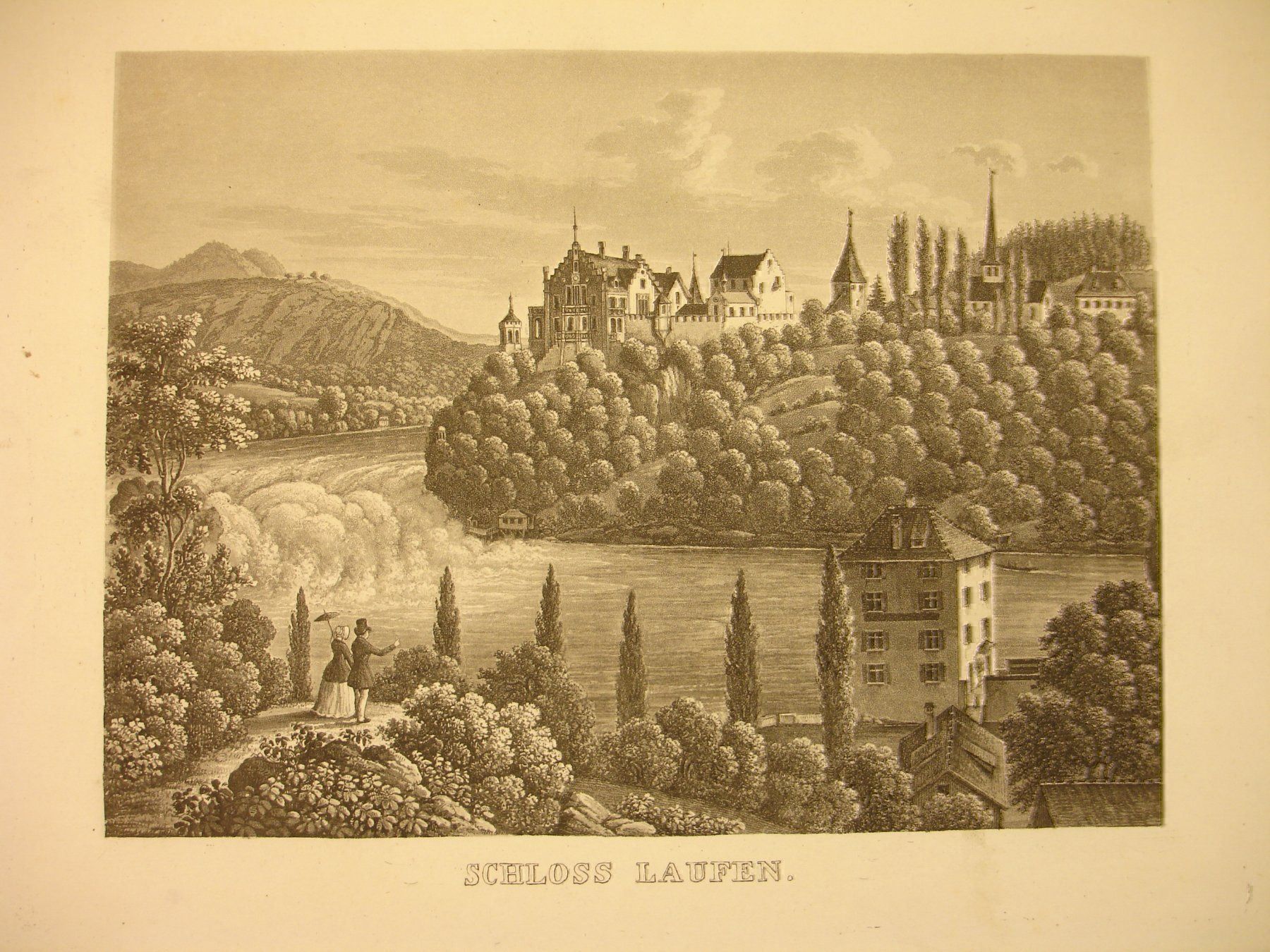 Incisioni: SCHLOSS LAUFEN, AQUATINTA 1853 – Usato da Grüningen venduto da Kartensammler 1