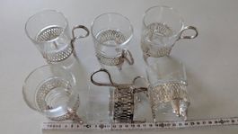 6 Vintage Teegläser mit Metallhaltern – Made in England
