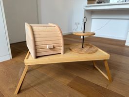 Holz-Küchen-Set: Brotkasten, Etagere, Tablett