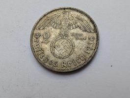 🇩🇪 Third Reich: 2 Reichsmark 1938 B Hindenburg. Silver