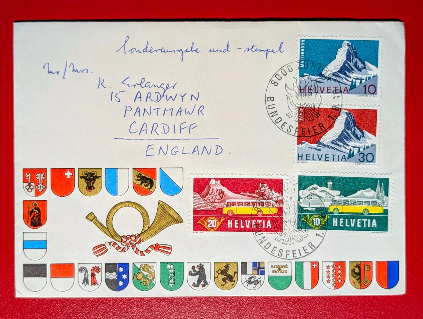 Alle Briefmarken: BUNDESFEIER ZÜRICH SCHÖN MATTERHORN ERLANGER ENGLAND 1966 – Gebraucht aus Düdingen von Quartierstrasse