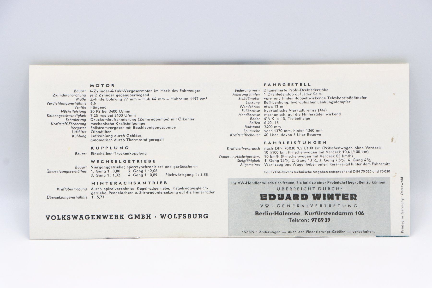 VW Documenti: VW Bulli Transporter 1955 Prospekt – Usato da Bühl b.Aarberg venduto da Collectorpassions 1