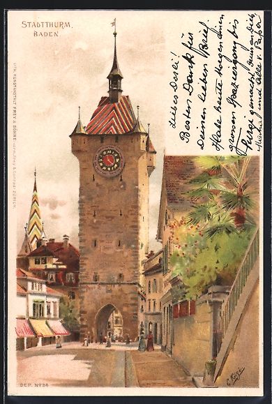 Cartoline postali: Baden, Strassenpartie am Stadtturm, 1904 – Usato da Berlin venduto da bartko-reher