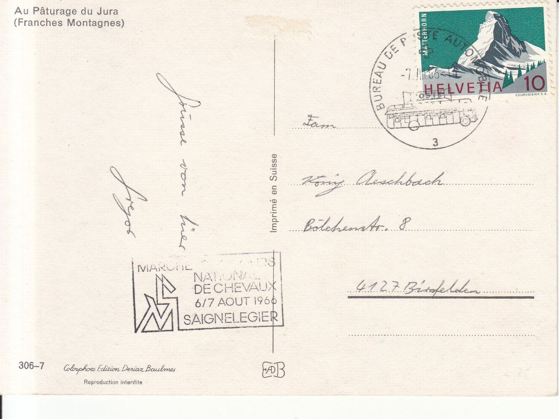 Ansichtskarten: Franches Montagnes 1966 – Gebraucht aus Bürglen TG von StampGraf 1