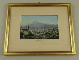LUZERN GEGEN PILATUS, ALTKOLORIERTE AQUATINTA UM 1850