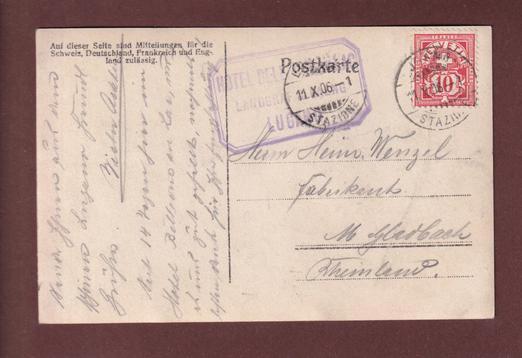 Cartoline postali: LUGANO - Hotel Bellevue au Lac - 1906 – Usato da Pully venduto da nicecards 1