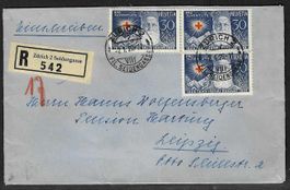 1929, J48 (3x), Porto 90Rp, auf R-Brief nach Leipzig (15542)