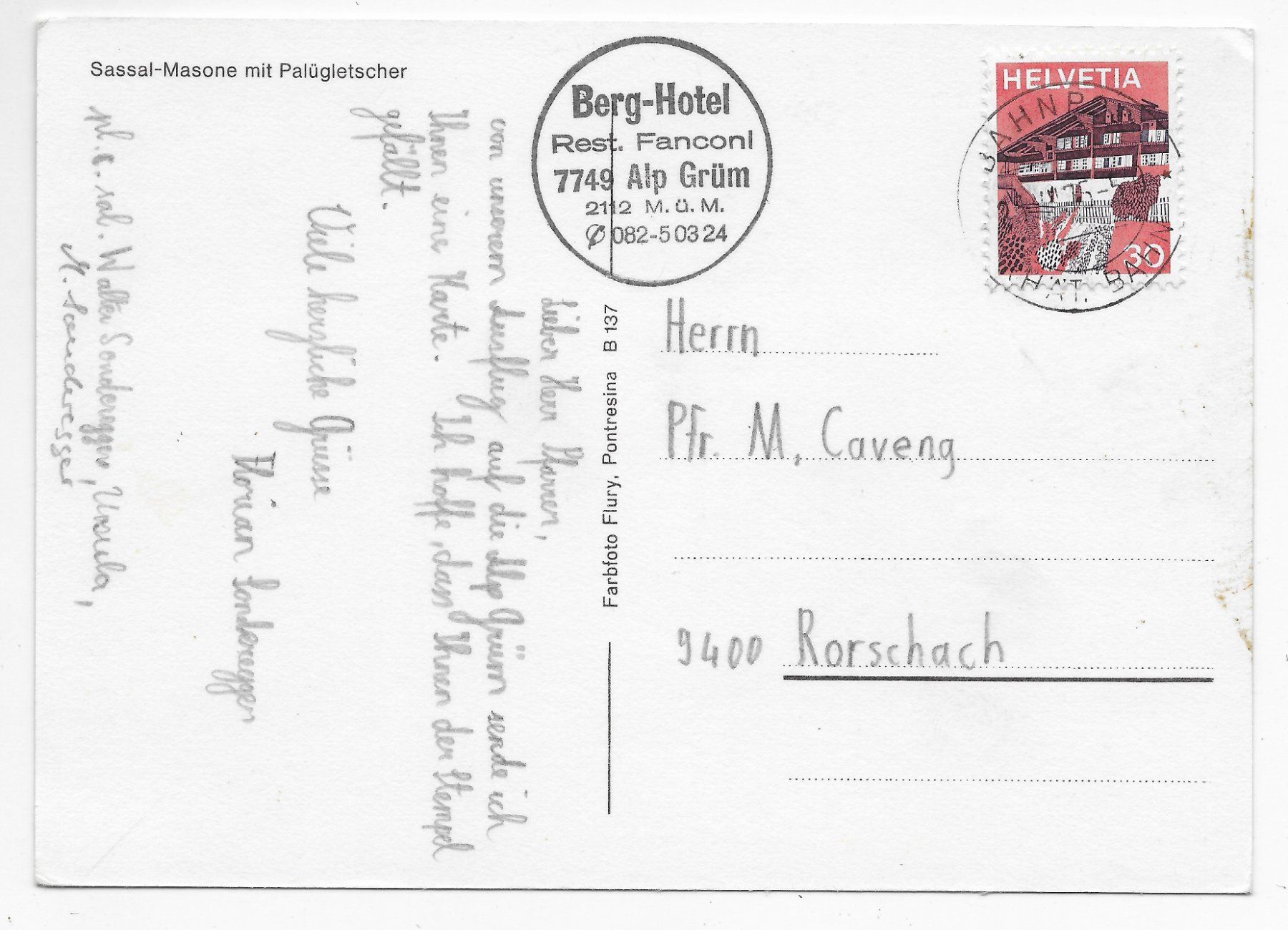 Cartoline postali: Sassal-Masone mit Palügletscher, Bahnpoststempel – Usato da Hefenhofen venduto da Richsalz 1