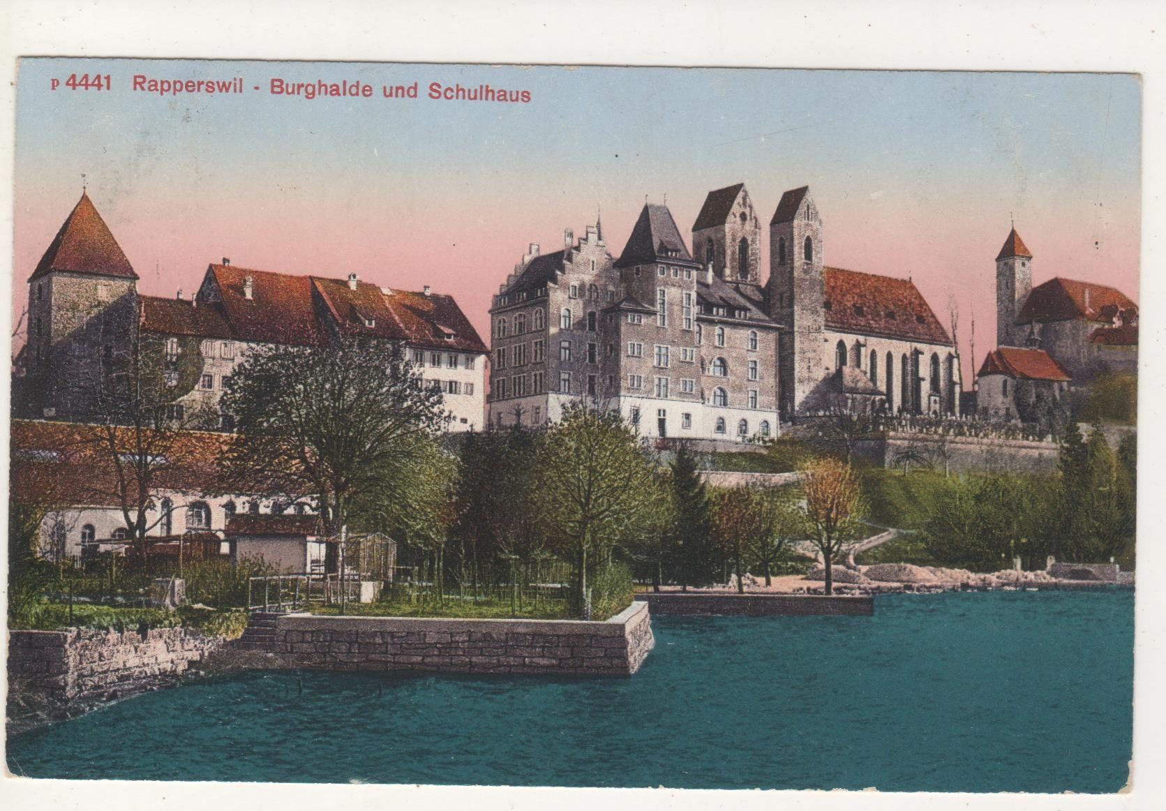 Cartoline postali: Ansichtskarte Rapperswil - Burghalde und Schulhaus 1917 – Usato da Remetschwil venduto da Hofiii