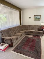 Ecksofa braun Stoff mit Holzapplikationen guter Zustand