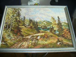 Wandbild - Gobelin "Bergsee" mit schönem Holzrahmen