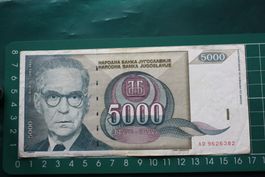 currency banknote jugoslavija 5000 dinara 1992