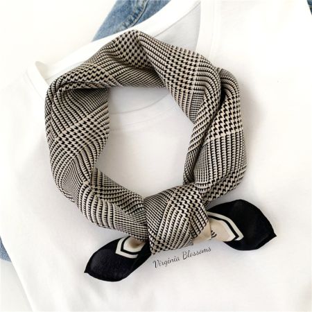 New 53cm Houndstooth Black and Beige Silk Scarf, Pure Silk