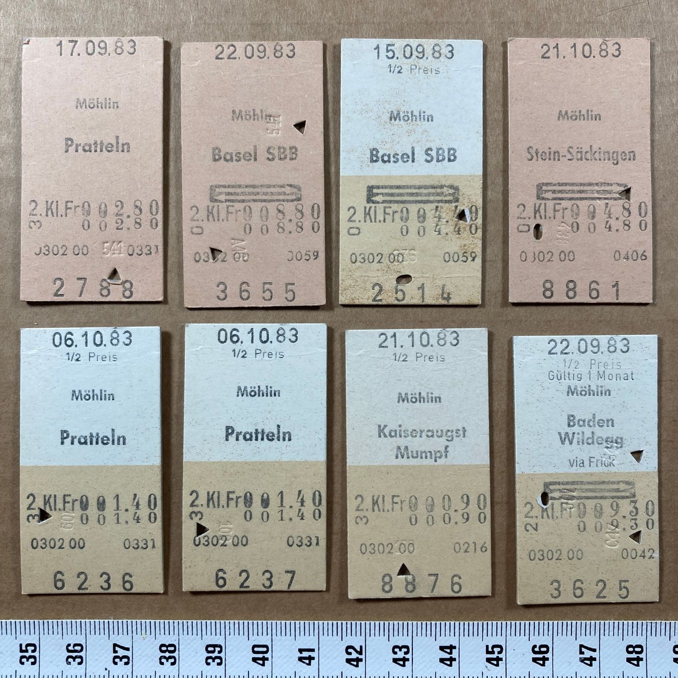Billets: Möhlin, 8 Edmondsonsche Bahn Billette, 1983, SBB – D'occasion à Lenzburg par fh1