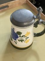 Bierkrug Keramik Zinndeckel floral bemalt guter Zustand