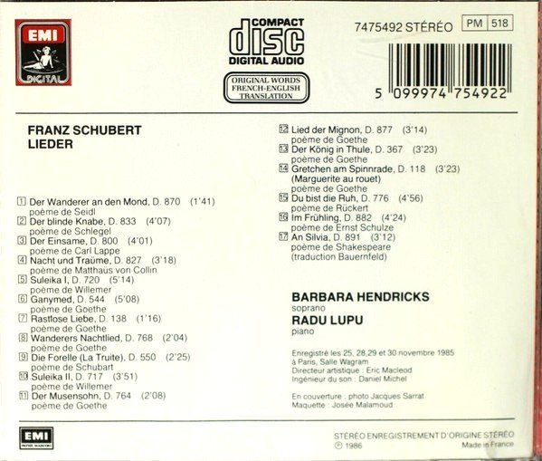 CD: Franz Schubert  - Lieder - Barbara Hendricks - Radu Lupu – Usato da Unterbäch venduto da niquz 1