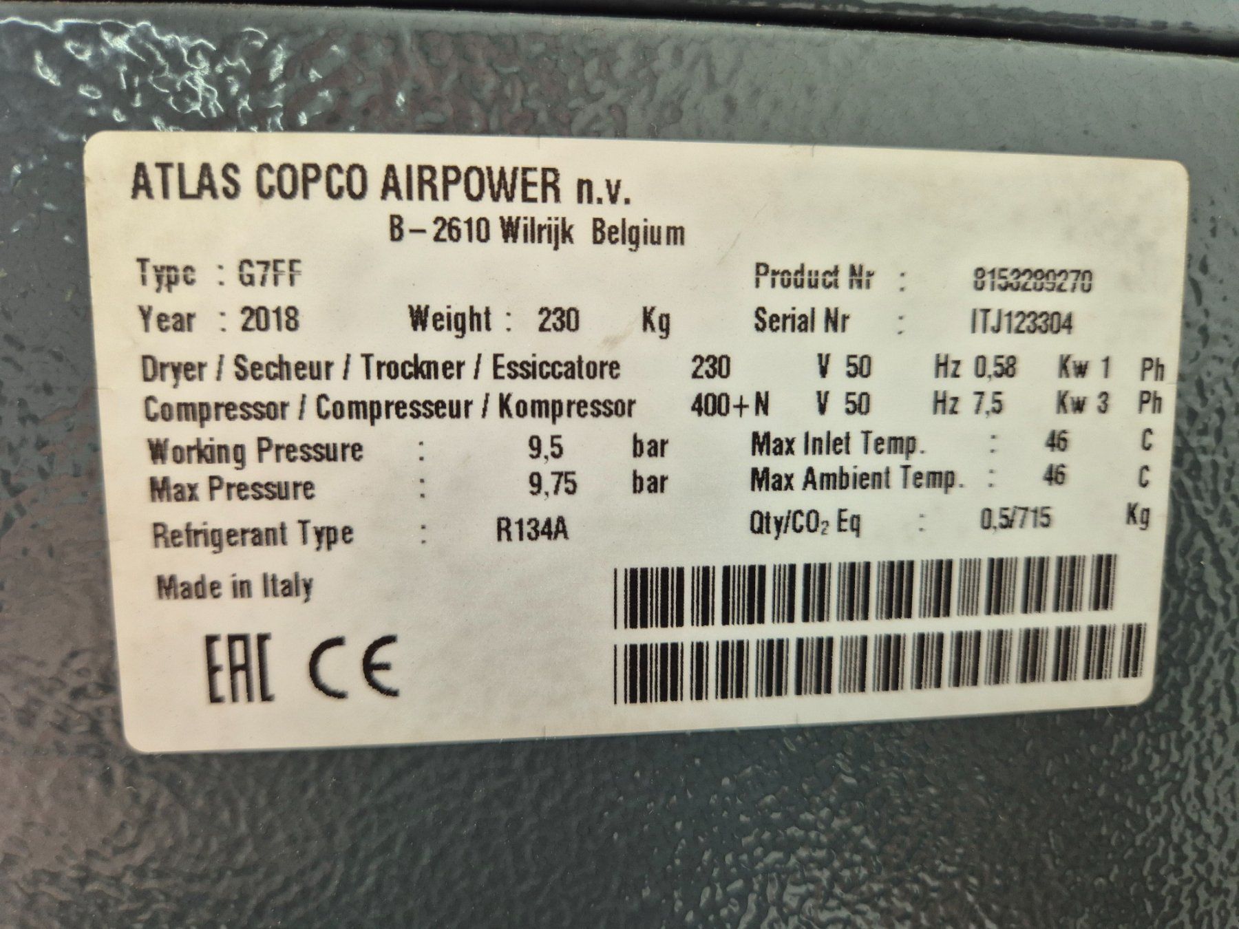 Atlas Copco Compressori: Atlas Copco Schraubenkompressor G 7 FF – Usato da Schaffhausen venduto da RK205 2