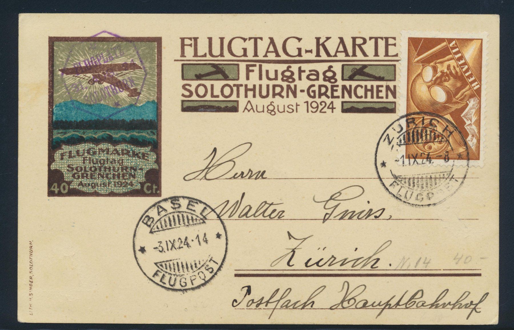 Tutti i francobolli: Flugpost 1924 Karte Grenchen – Usato da Roggwil BE venduto da Stampdealer3
