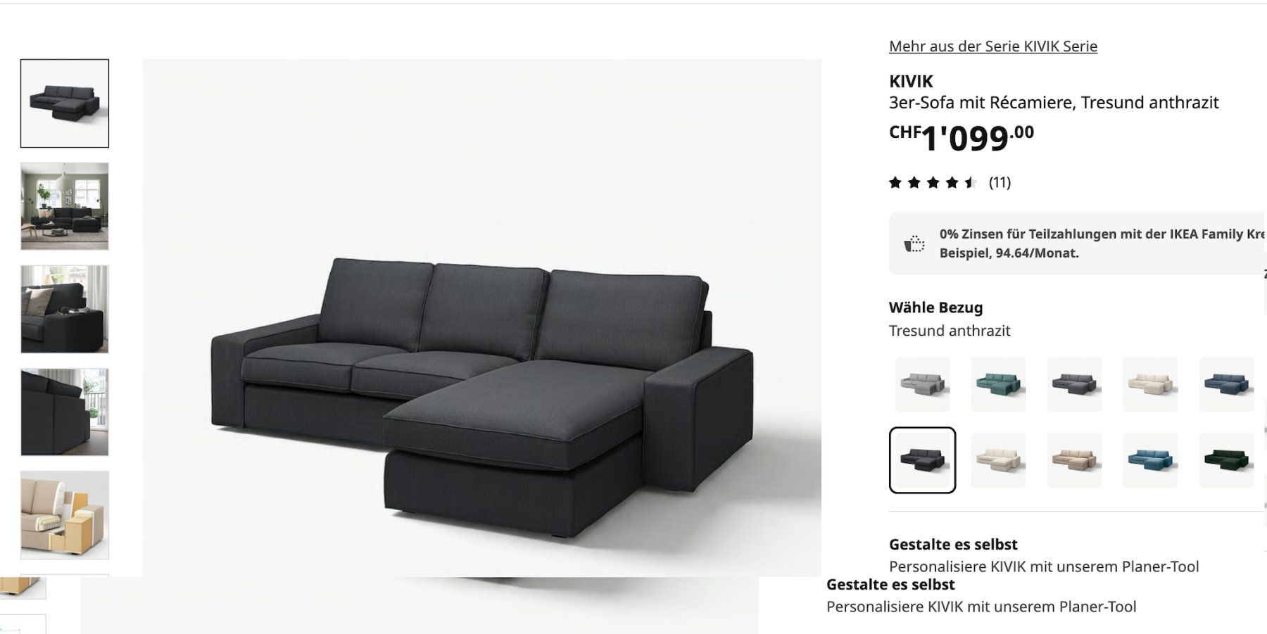 Sofas: KIVIK 3er-Sofa mit Récamiere, Tresund anthrazit – D'occasion à Pontresina par myclub
