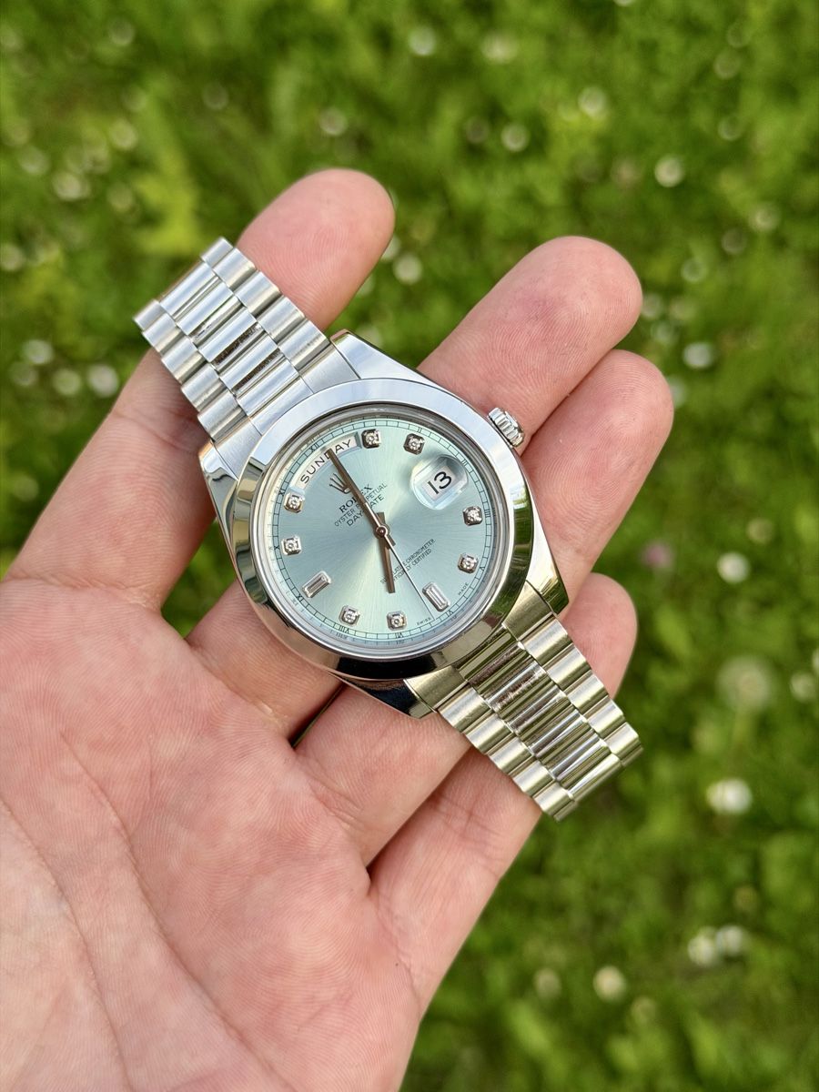 Rolex Orologi: Rolex Daydate 41 Platin Baguette-Diamonds – Usato da Zürich venduto da WATCHROOM