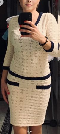 Elegantes Strickkleid, creme/marine, Gr. 36-38,