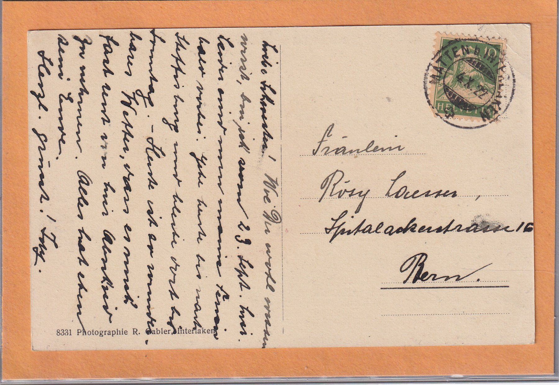Cartoline postali: Matten bei Interlaken - vue générale - 1922 – Usato da Orvin venduto da Pyaeschli 1