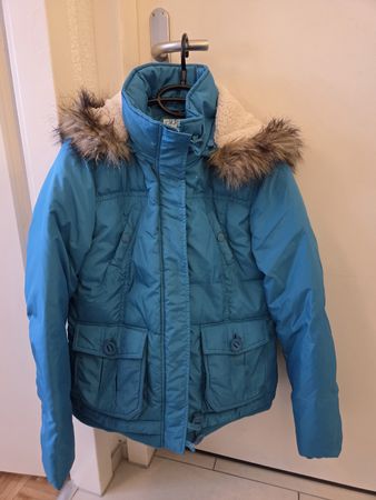 Doudoune turquoise chaude avec capuche à fourrure, Taille L
