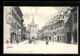 Basel, Strasse mit Gasthaus, Turm und St