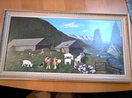 Gemälde Alpenlandschaft mit Personen und Tieren gerahmt
