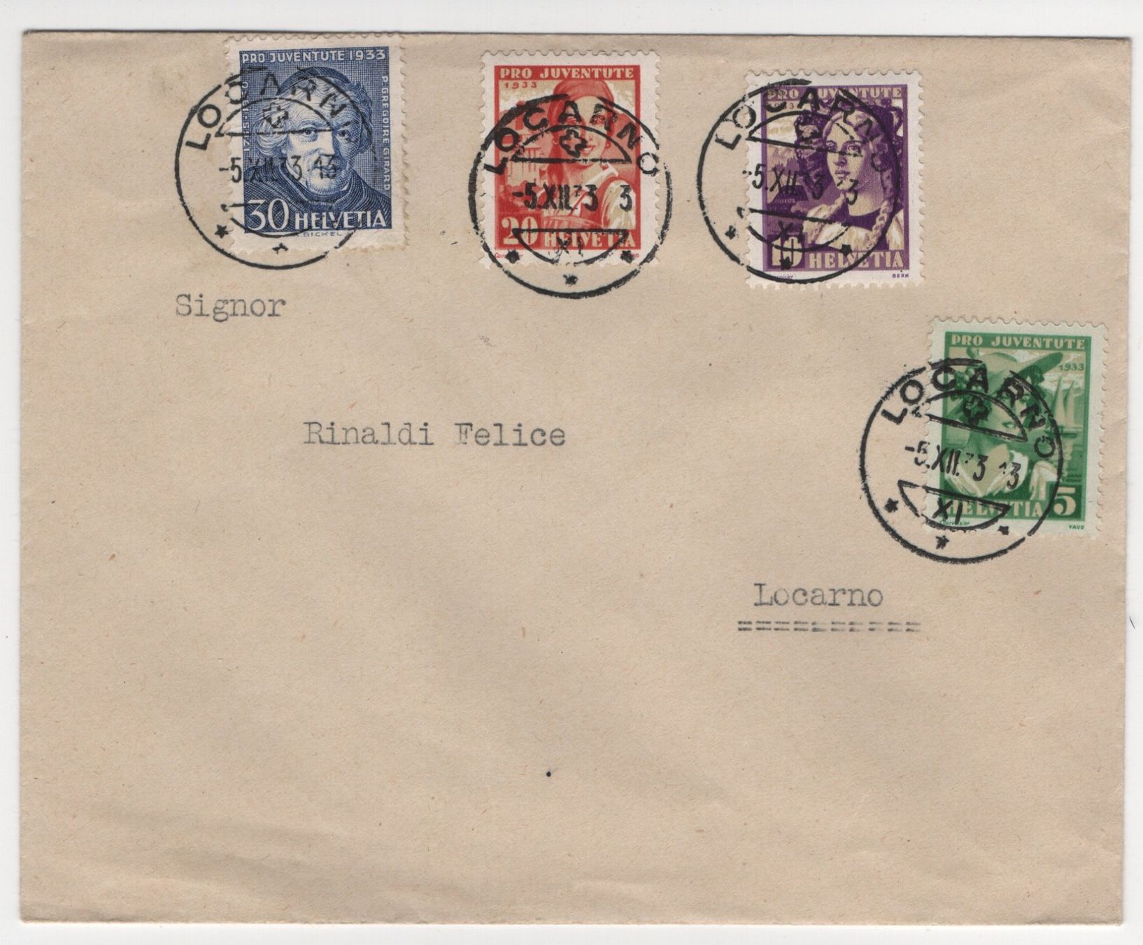 Alle Briefmarken: Brief Serie Pro Juventute 1933 / Kat. Fr. 100.- – Gebraucht aus Gordola von tist