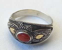 Ring Silber mit Koralle und Gold 22K Grösse 17 mm