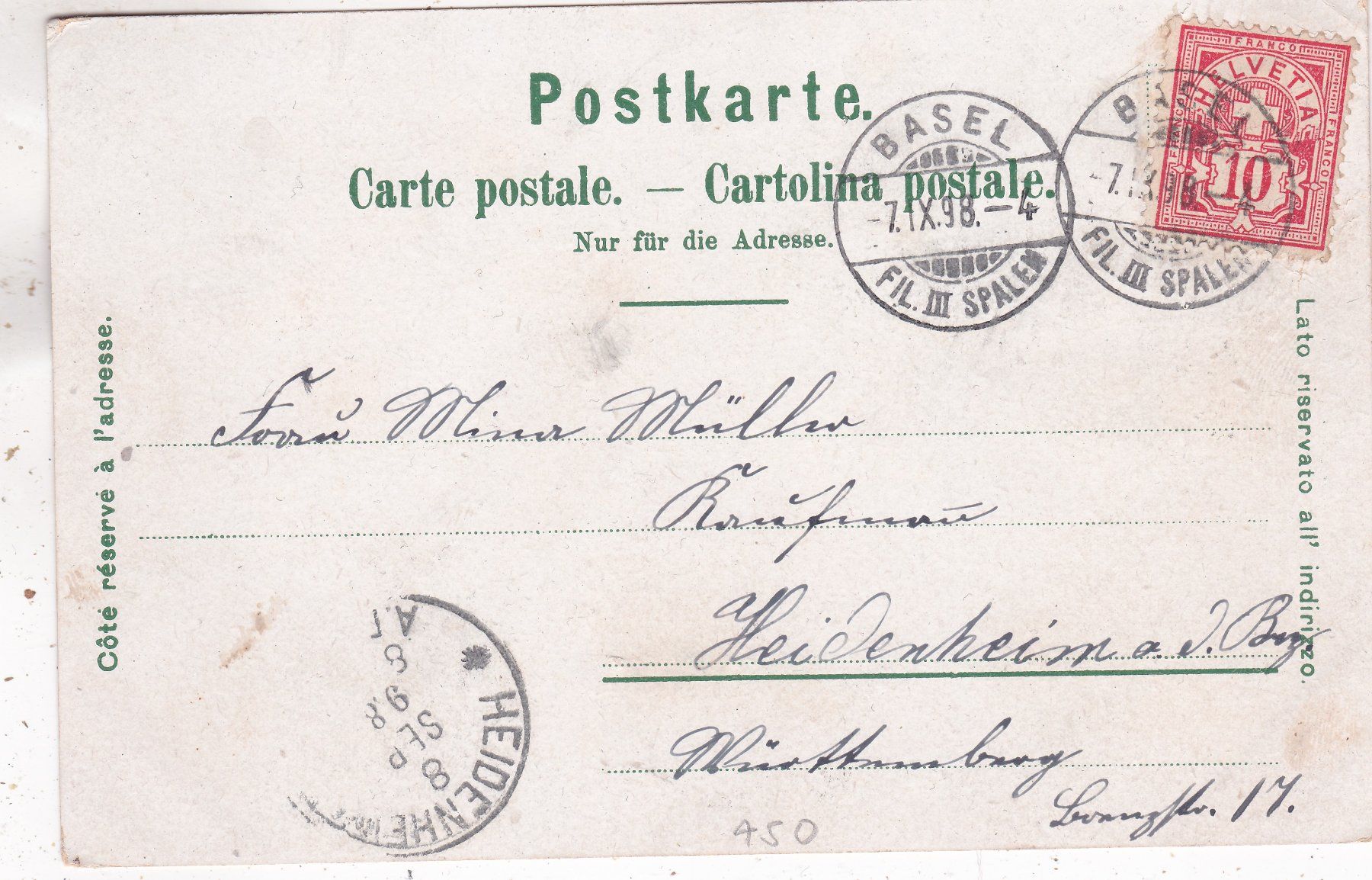 Cartoline postali: Basel Rathaus St. Jakobsdenkmal 1898 – Usato da Herisau venduto da Lisegrat2008 1