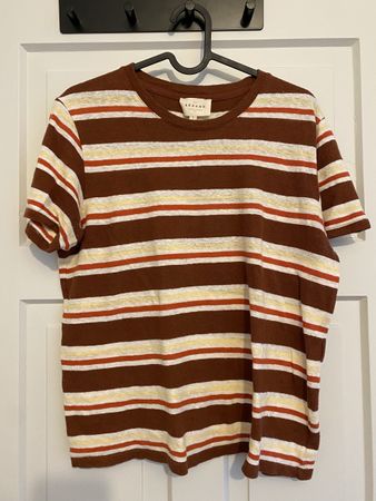 Sezane T-Shirt Striped Cotton Linen Blend Brown Size S