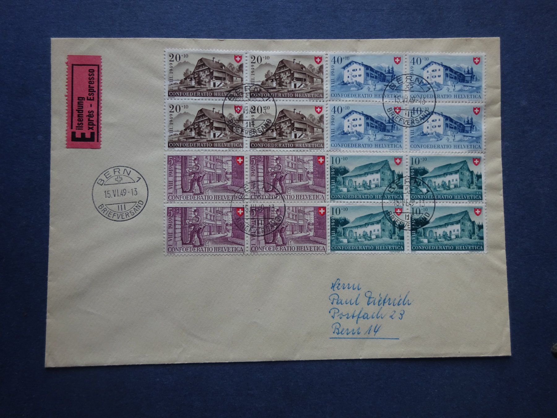 Tutti i francobolli: 1949 Pro Patria im 4er Block auf FDC – Usato da Appenzell-Steinegg venduto da adi1975