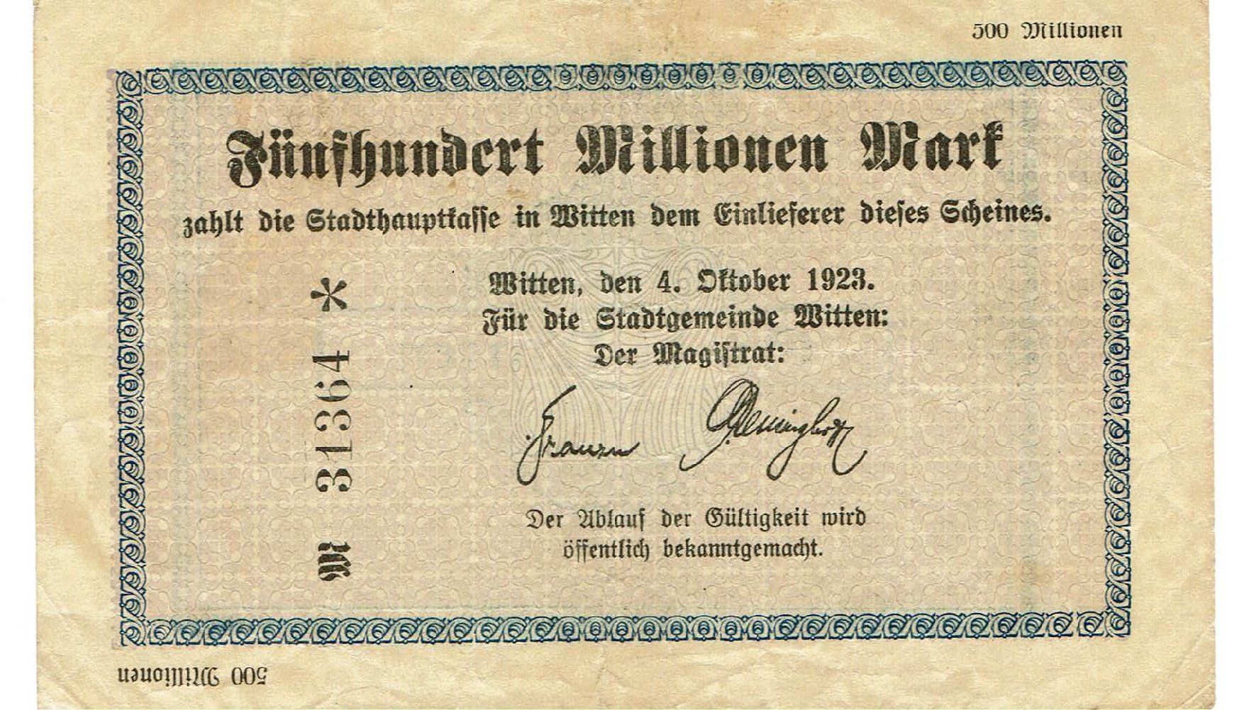 Billets de banque: Witten 500 Mil. Mark 04.10.1923 SS++-VZ – D'occasion à Steffisburg par ber_8htf