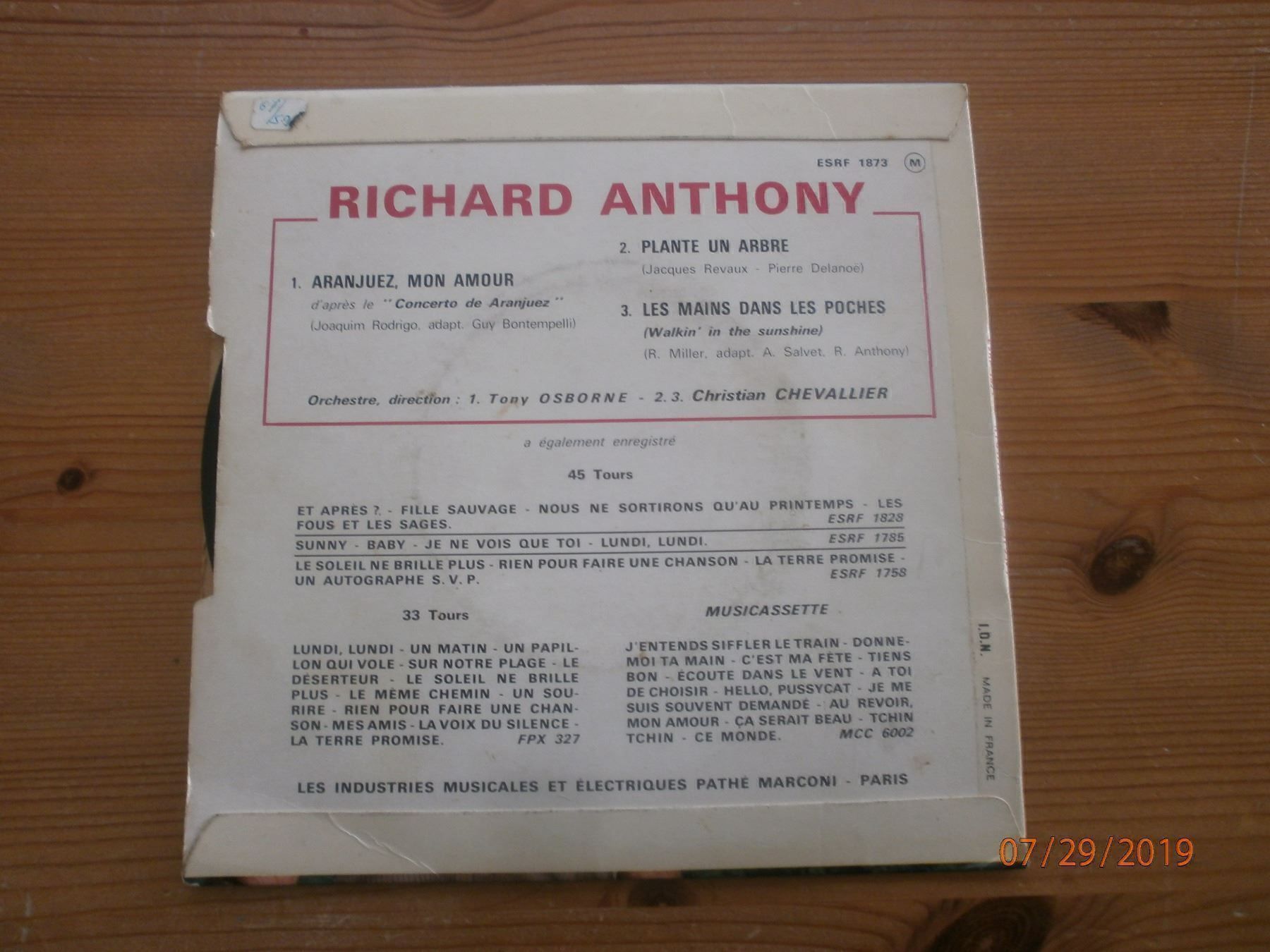 Dischi in vinile: Richard Anthony "Aranjuez, Mon." EP 1967 – Usato da Sempach venduto da Allmusic 1