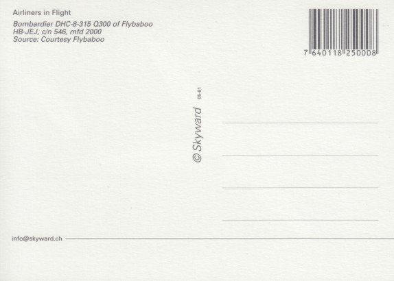 Cartoline postali: Bombardier, DHC-8-315, Flybaboo – Usato da Zuerich venduto da OceanLinerPostcards 1
