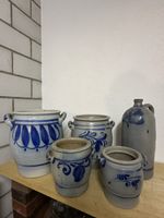 Konvolut 5 Steingut Töpfe blau bemalt antiker Zustand