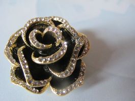 Elegante Brosche Rose schwarz goldig mit Strass-Steinen, neu