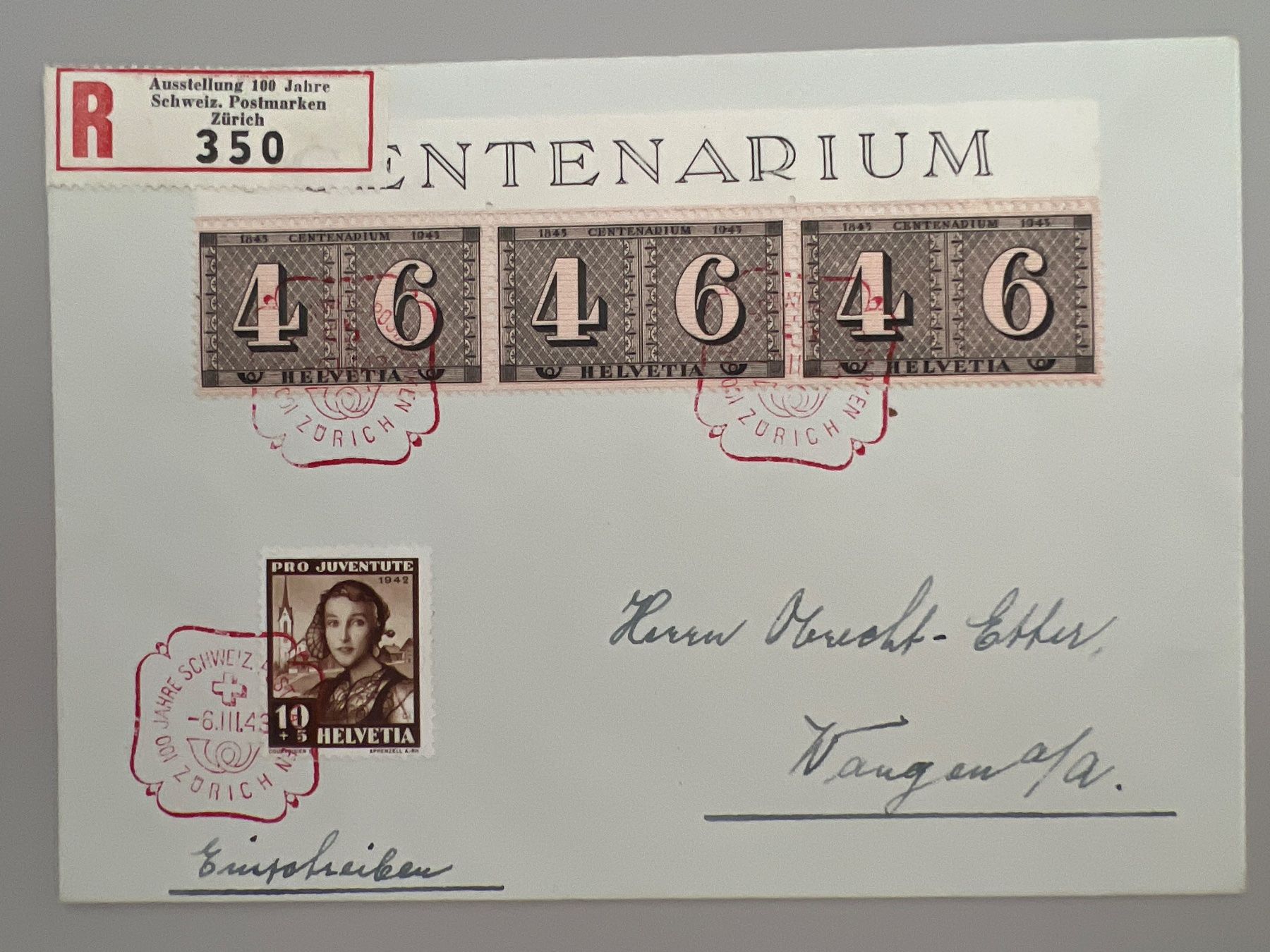 Alle Briefmarken: 1943 100J. Schw. Postmarken Eing.Bf mit 258 +J102 – Gebraucht aus Buchrain von wmm