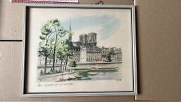 Aquarelle Paris Notre Dame Bateau sur la Seine Cadre 45x35cm