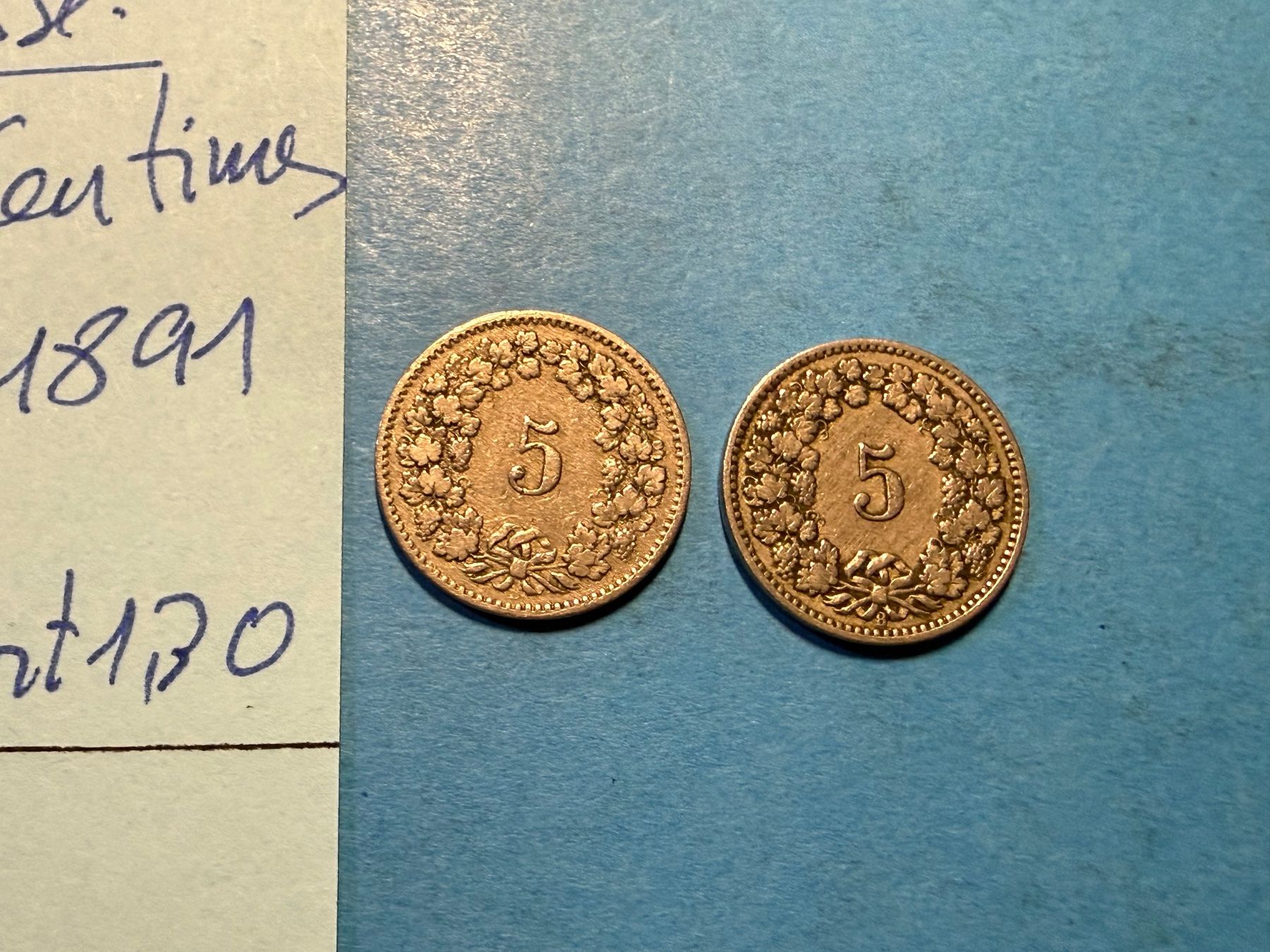Tutti le monete: SUISSE : 2 x 5 CENTIMES 1890 + 1891 – Usato da genève venduto da GEnumist 2
