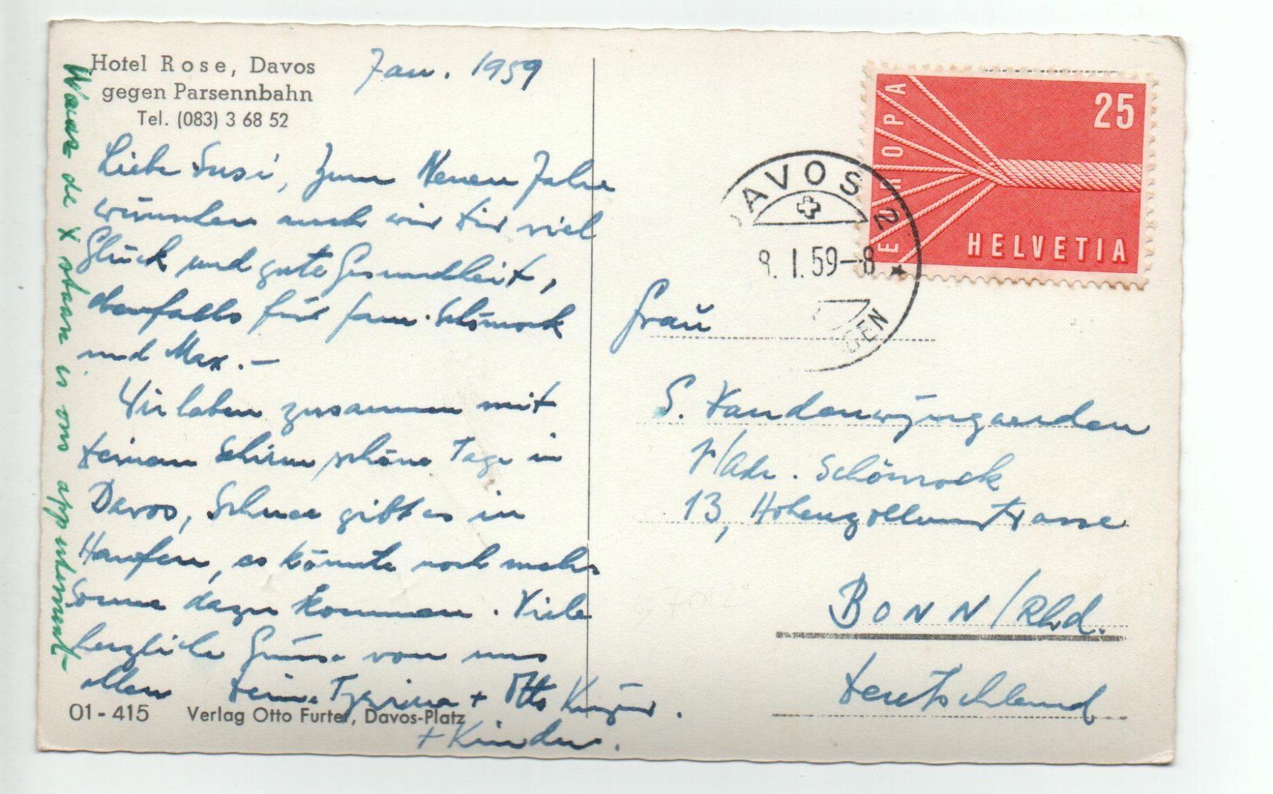 Cartoline postali: DAVOS Hotel Rose gegen Parsennbahn – Usato da Jona venduto da philajona 1