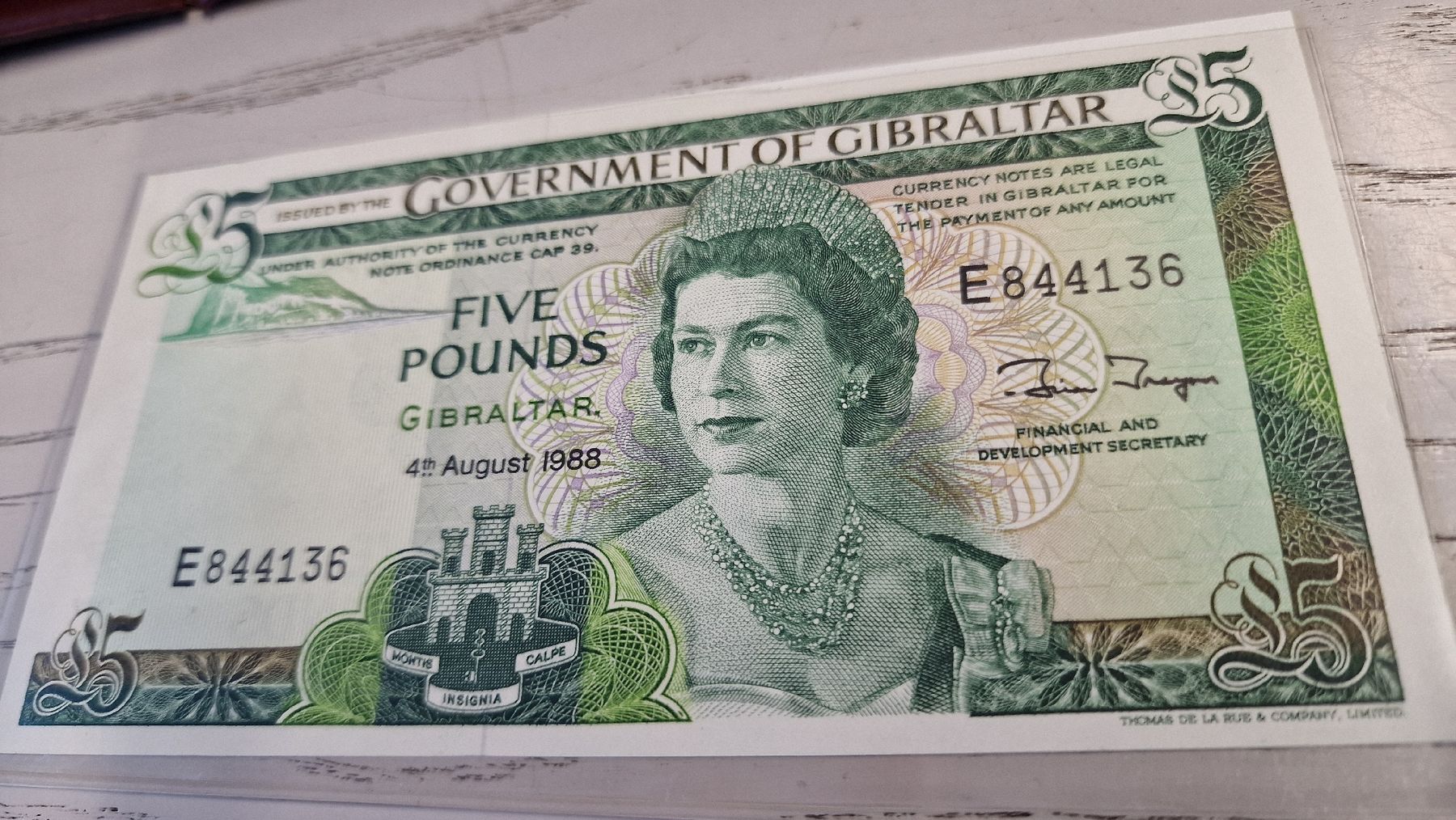 Banknoten: 5 Pfund Gibraltar 4. August 1988  – Neu und originalverpackt aus Herisau von Antiques.AR